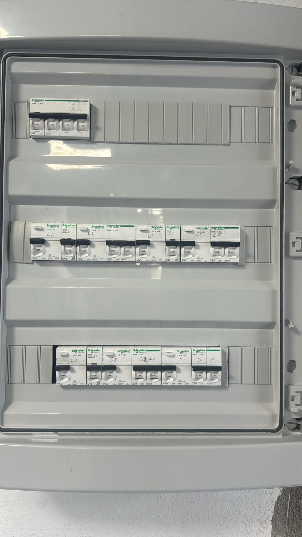 Vista frontal de un cuadro eléctrico con tapas colocadas