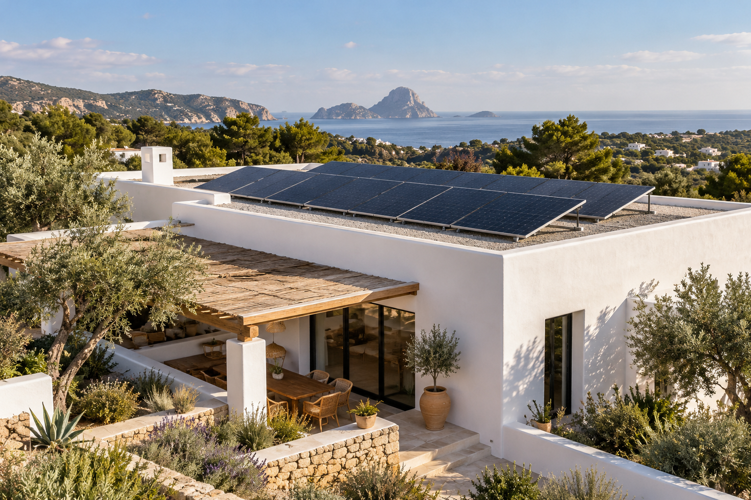 Imagen ilustrativa de una vivienda ibicenca con paneles solares